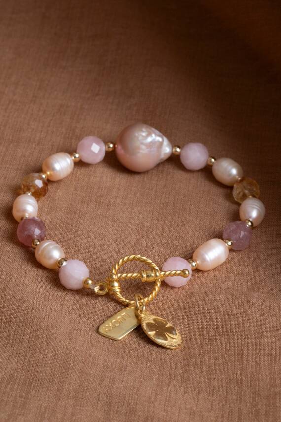 Sertifikalı Mai Bileklik-Barok İnci, Sitrin, Pembe Kuvars, Çilek Kuvars Gümüş Charm ve Aparatlı Doğal Taş Bileklik (SK:074) - 7