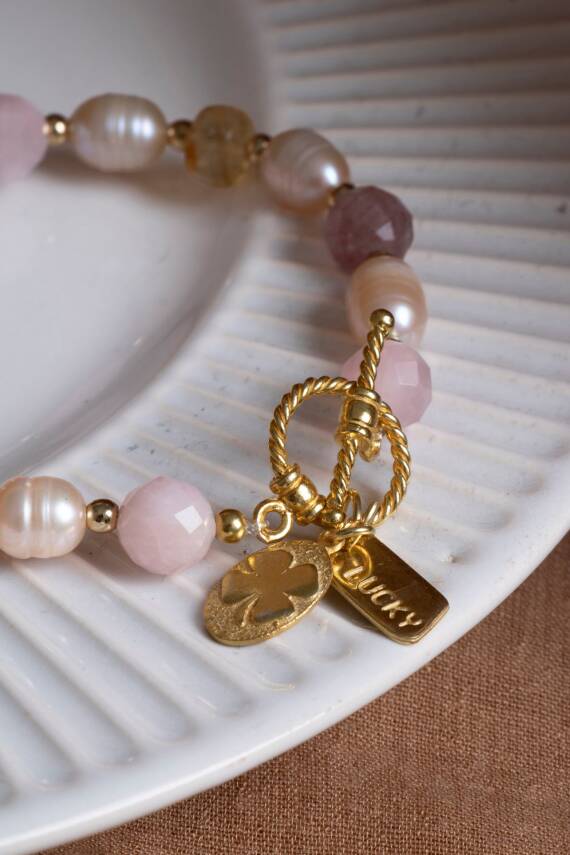 Sertifikalı Mai Bileklik-Barok İnci, Sitrin, Pembe Kuvars, Çilek Kuvars Gümüş Charm ve Aparatlı Doğal Taş Bileklik (SK:074) - 9