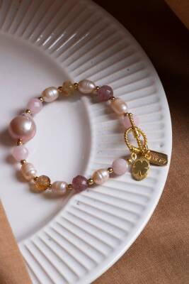 Sertifikalı Mai Bileklik-Barok İnci, Sitrin, Pembe Kuvars, Çilek Kuvars Gümüş Charm ve Aparatlı Doğal Taş Bileklik (SK:074) - 11