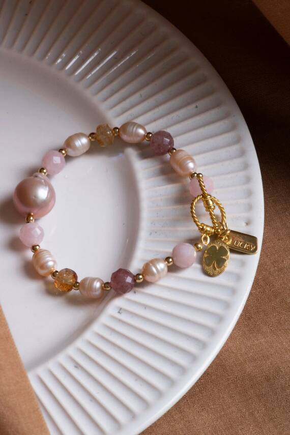 Sertifikalı Mai Bileklik-Barok İnci, Sitrin, Pembe Kuvars, Çilek Kuvars Gümüş Charm ve Aparatlı Doğal Taş Bileklik (SK:074) - 11