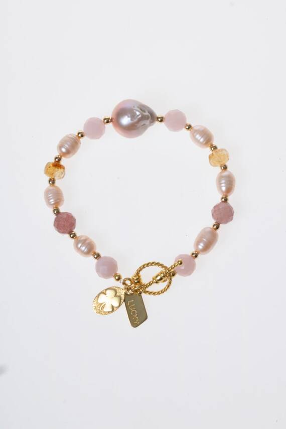 Sertifikalı Mai Bileklik-Barok İnci, Sitrin, Pembe Kuvars, Çilek Kuvars Gümüş Charm ve Aparatlı Doğal Taş Bileklik (SK:074) - 12