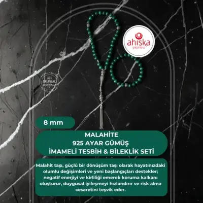 Sertifikalı Malahite 925 Ayar Gümüş 8 mm İmameli Tesbih & Bileklik Seti - Doğal Taş (1)
