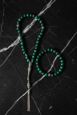 Sertifikalı Malahite 925 Ayar Gümüş 8 mm İmameli Tesbih & Bileklik Seti - 3