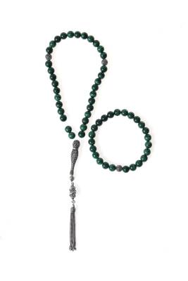 Sertifikalı Malahite 925 Ayar Gümüş 8 mm İmameli Tesbih & Bileklik Seti - Osmanlı Doğal Taş