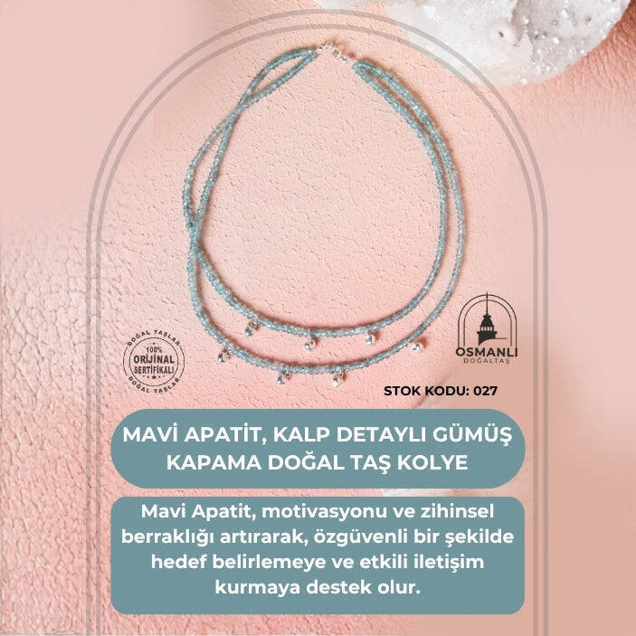 Sertifikalı Mavi Apatit, Kalp Detaylı Gümüş Kapama Doğal Taş Kolye (SK:027) - 2