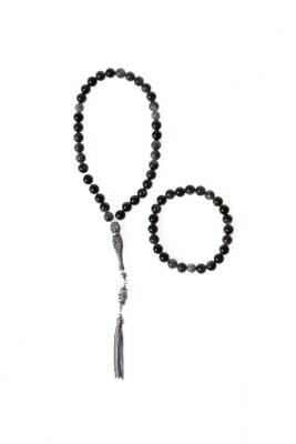 Sertifikalı Obsidyen 925 Ayar Gümüş 8 mm İmameli Tesbih & Bileklik Seti - Doğal Taş