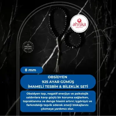 Sertifikalı Obsidyen 925 Ayar Gümüş 8 mm İmameli Tesbih & Bileklik Seti - Doğal Taş (1)