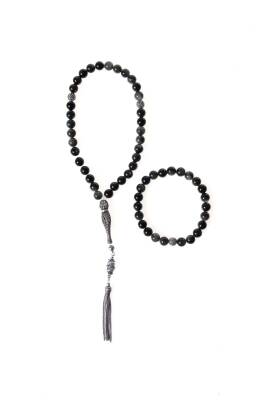 Sertifikalı Obsidyen 925 Ayar Gümüş 8 mm İmameli Tesbih & Bileklik Seti - Osmanlı Doğal Taş