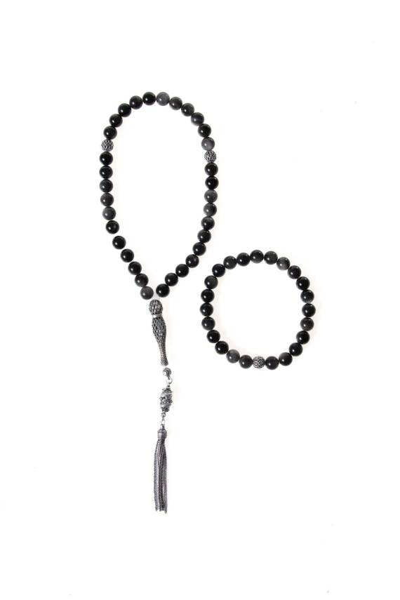 Sertifikalı Obsidyen 925 Ayar Gümüş 8 mm İmameli Tesbih & Bileklik Seti - 1