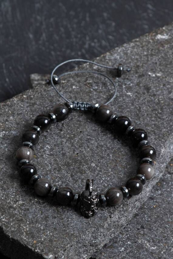 Sertifikalı Obsidyen Doğal Taş Makrome Bileklik - 1