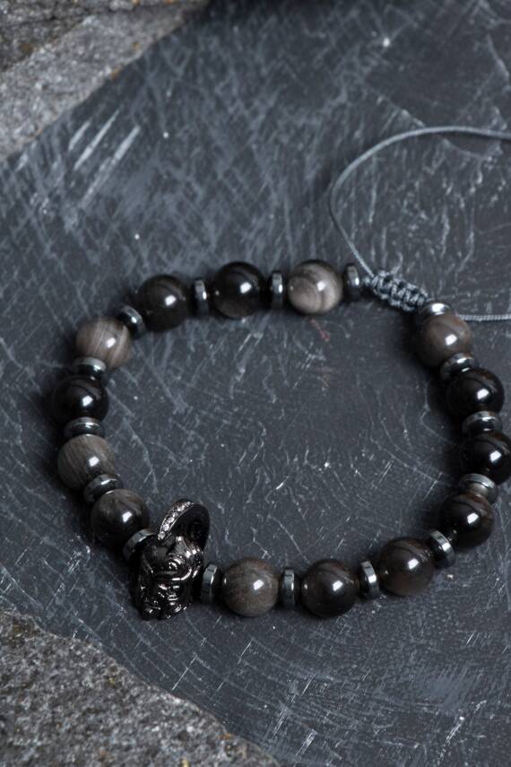 Sertifikalı Obsidyen Doğal Taş Makrome Bileklik - 4