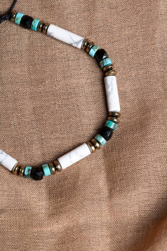 Sertifikalı Obsidyen, Havlit, Turkuaz Doğal Taş Makrome Bileklik - 2