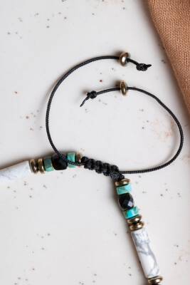 Sertifikalı Obsidyen, Havlit, Turkuaz Doğal Taş Makrome Bileklik - 4