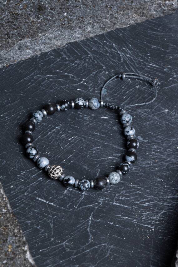 Sertifikalı Obsidyen, Hematit Zirkon Aparat Doğal Taş Makrome Bileklik - 4