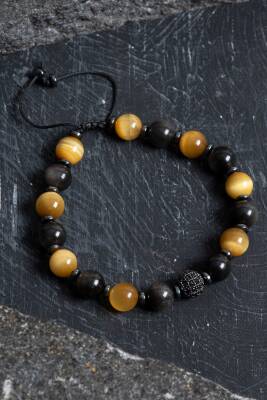 Sertifikalı Obsidyen, Kaplan Gözü, Hematit Zirkon Aparat Doğal Taş Makrome Bileklik - 2