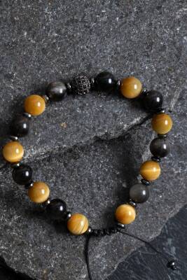 Sertifikalı Obsidyen, Kaplan Gözü, Hematit Zirkon Aparat Doğal Taş Makrome Bileklik - 3