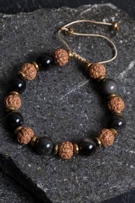 Sertifikalı Obsidyen, Rudrashka Doğal Taş Makrome Bileklik - Osmanlı Doğaltaş