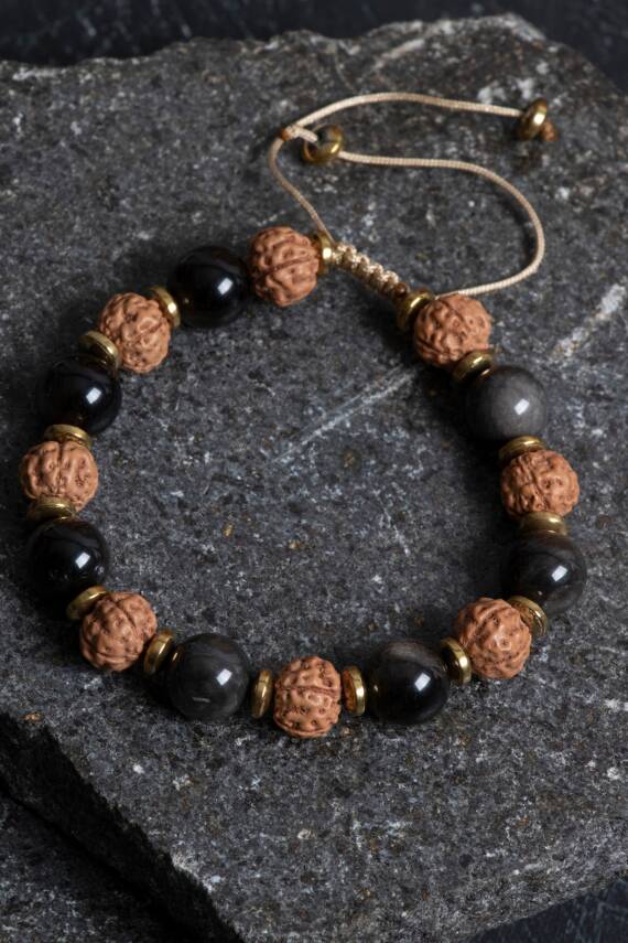 Sertifikalı Obsidyen, Rudrashka Doğal Taş Makrome Bileklik - 1