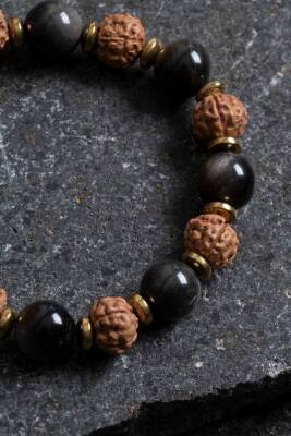 Sertifikalı Obsidyen, Rudrashka Doğal Taş Makrome Bileklik - 2