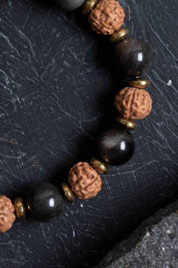 Sertifikalı Obsidyen, Rudrashka Doğal Taş Makrome Bileklik - 3
