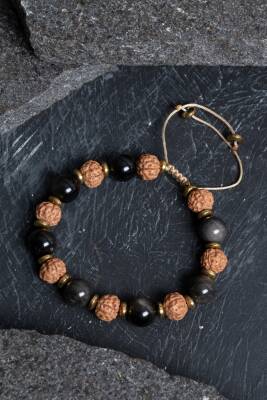 Sertifikalı Obsidyen, Rudrashka Doğal Taş Makrome Bileklik - 4