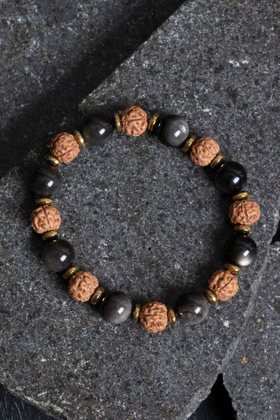 Sertifikalı Obsidyen, Rudrashka, Hematit Doğal Taş Bileklik - 1