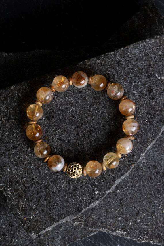 Sertifikalı Odun Jasper, Sitrin Zirkon Aparatlı Doğal Taş Bileklik-10 mm (SK:175) - 1