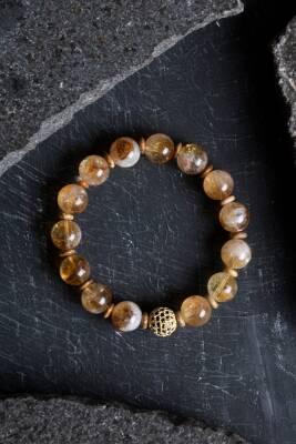 Sertifikalı Odun Jasper, Sitrin Zirkon Aparatlı Doğal Taş Bileklik-10 mm (SK:175) - 4