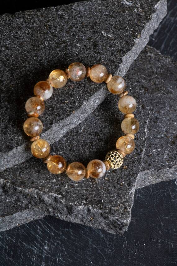 Sertifikalı Odun Jasper, Sitrin Zirkon Aparatlı Doğal Taş Bileklik-10 mm (SK:175) - 5