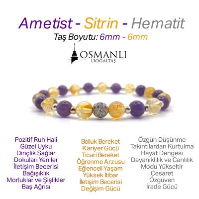 Sertifikalı Orijinal Hakiki 6mm Ametist - Sitrin - Gri Hematit - Zirkon Aparatlı Misinalı Bileklik - Osmanlı Doğaltaş