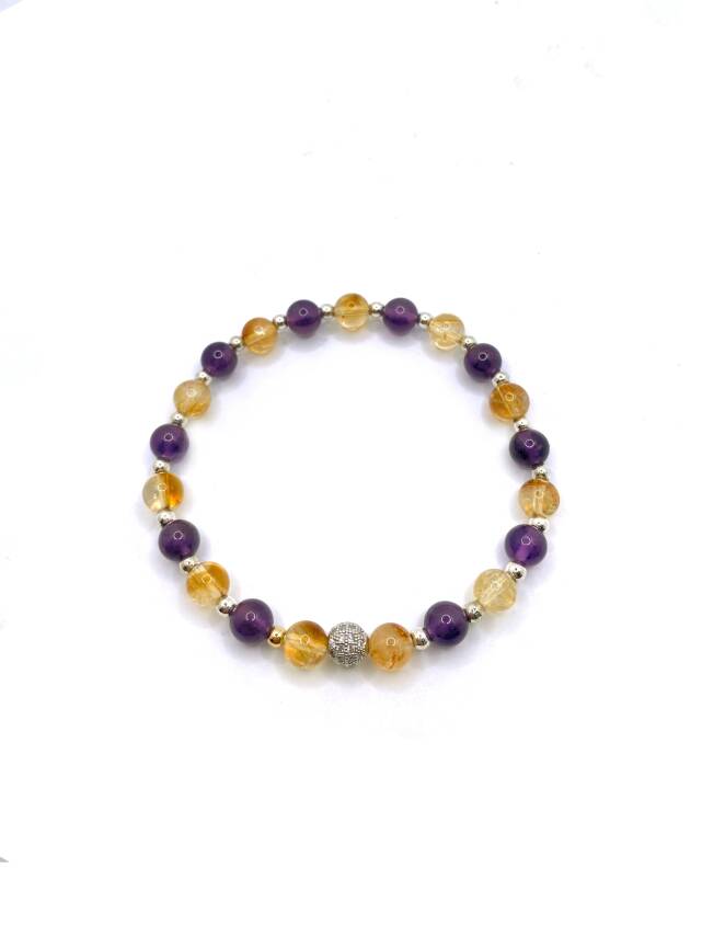 Sertifikalı Orijinal Hakiki 6mm Ametist - Sitrin - Gri Hematit - Zirkon Aparatlı Misinalı Bileklik - 4