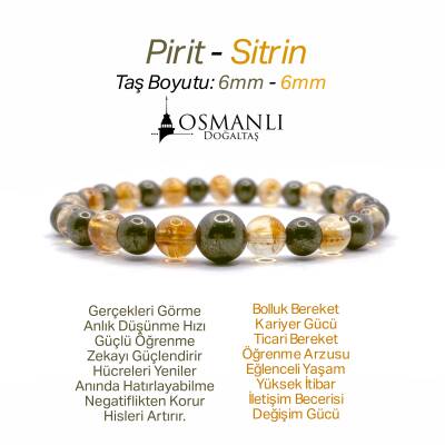 Sertifikalı Orijinal Hakiki 6mm Sitrin - Pirit Doğal Taş Misinalı Bileklik - Osmanlı Doğaltaş
