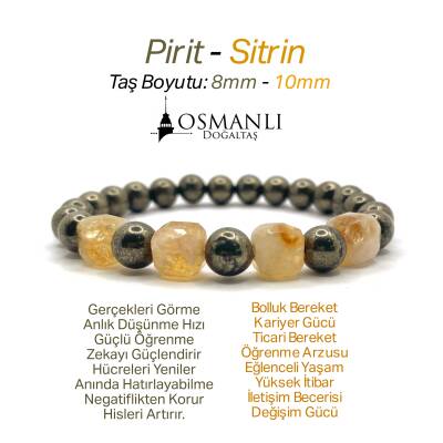 Sertifikalı Orijinal Hakiki 8mm Sitrin - Pirit Doğal Taş Misinalı Bileklik - Osmanlı Doğaltaş