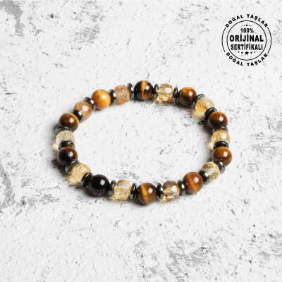 Sertifikalı Orijinal Kaplan Gözü Sitrin Hematit Doğal Taş Bileklik - 5