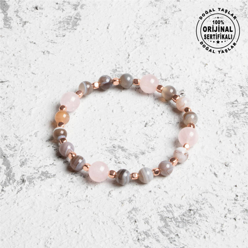 Sertifikalı Orijinal Pembe Kuvars Opal Hematit Doğal Taş Bileklik - 1