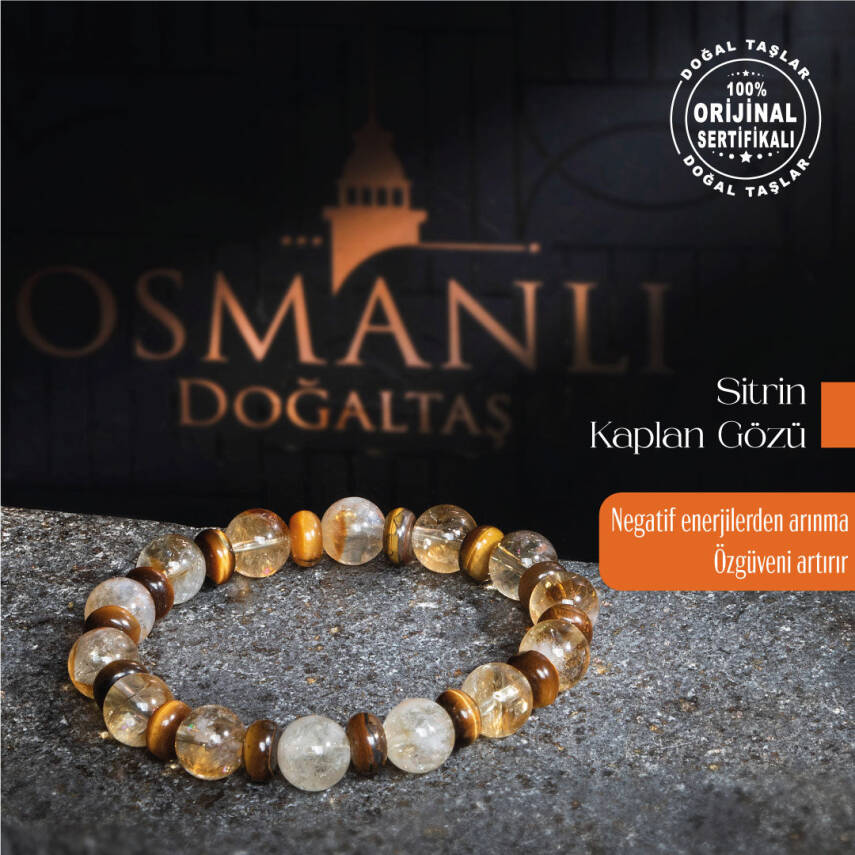 Sertifikalı Orijinal Sitrin Kaplan Gözü Doğal Taş Bileklik- Negatif Enerji - 1