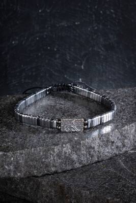 Sertifikalı Osmanlı Tuğrası Gümüş Aparatlı Hematit Doğal Taş Makrome Bileklik - Osmanlı Doğaltaş