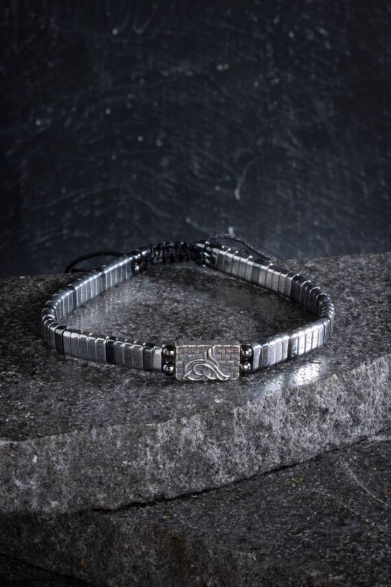 Sertifikalı Osmanlı Tuğrası Gümüş Aparatlı Hematit Doğal Taş Makrome Bileklik - 1
