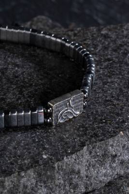 Sertifikalı Osmanlı Tuğrası Gümüş Aparatlı Hematit Doğal Taş Makrome Bileklik - 2