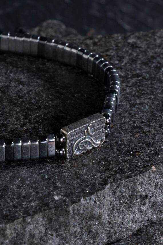 Sertifikalı Osmanlı Tuğrası Gümüş Aparatlı Hematit Doğal Taş Makrome Bileklik - 2
