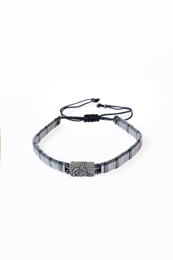 Sertifikalı Osmanlı Tuğrası Gümüş Aparatlı Hematit Doğal Taş Makrome Bileklik - 4