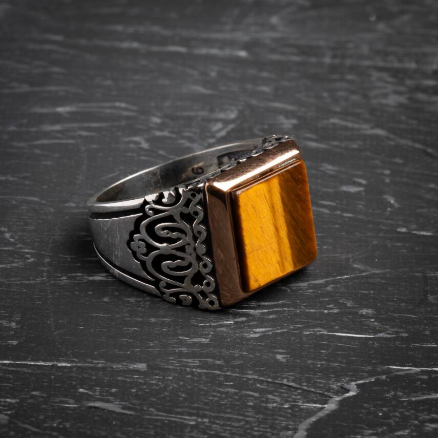 Sertifikalı Osmanlı Zarafet Kaplan Gözü Yüzük 925 Ayar Gümüş (Erkek) - 1