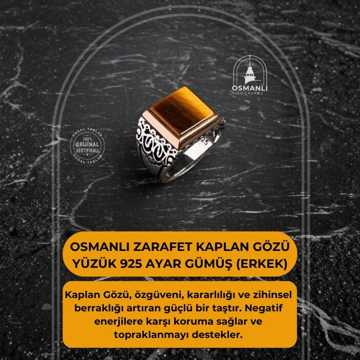 Sertifikalı Osmanlı Zarafet Kaplan Gözü Yüzük 925 Ayar Gümüş (Erkek) - 2