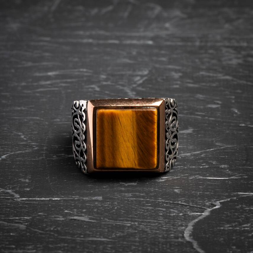 Sertifikalı Osmanlı Zarafet Kaplan Gözü Yüzük 925 Ayar Gümüş (Erkek) - 4