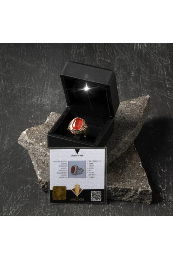 Sertifikalı Özel Seri Akik Doğal Taş Pırlantalı 925 Ayar Gümüş Yüzük (Erkek) - 1