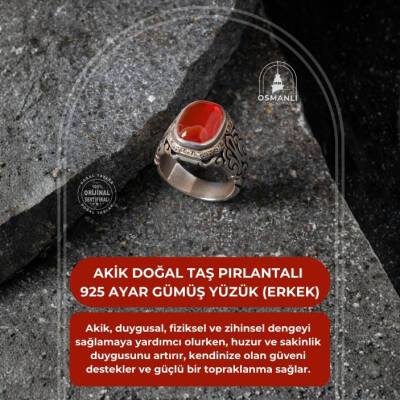 Sertifikalı Özel Seri Akik Doğal Taş Pırlantalı 925 Ayar Gümüş Yüzük (Erkek) - 2