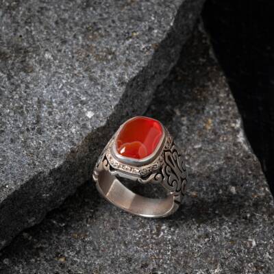 Sertifikalı Özel Seri Akik Doğal Taş Pırlantalı 925 Ayar Gümüş Yüzük (Erkek) - 3