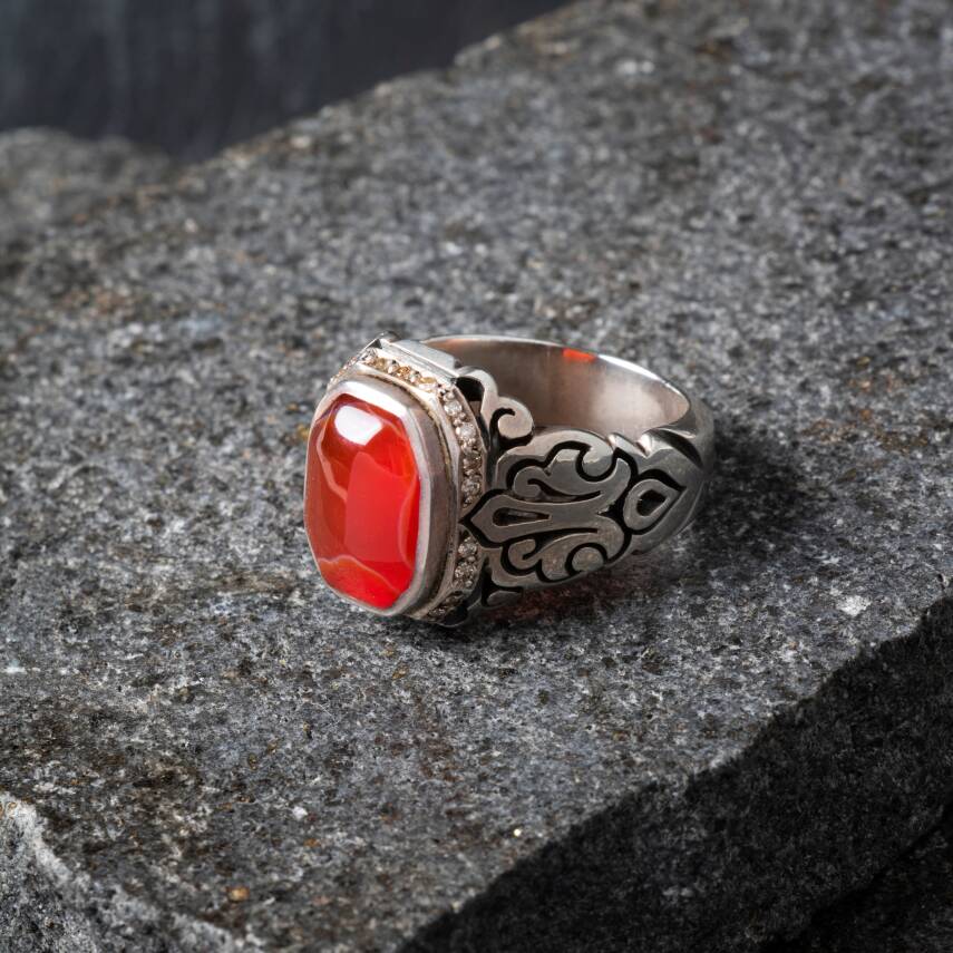 Sertifikalı Özel Seri Akik Doğal Taş Pırlantalı 925 Ayar Gümüş Yüzük (Erkek) - 4