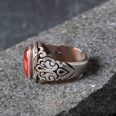 Sertifikalı Özel Seri Akik Doğal Taş Pırlantalı 925 Ayar Gümüş Yüzük (Erkek) - 5