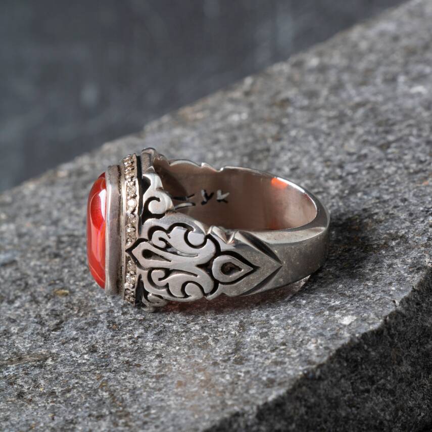 Sertifikalı Özel Seri Akik Doğal Taş Pırlantalı 925 Ayar Gümüş Yüzük (Erkek) - 5